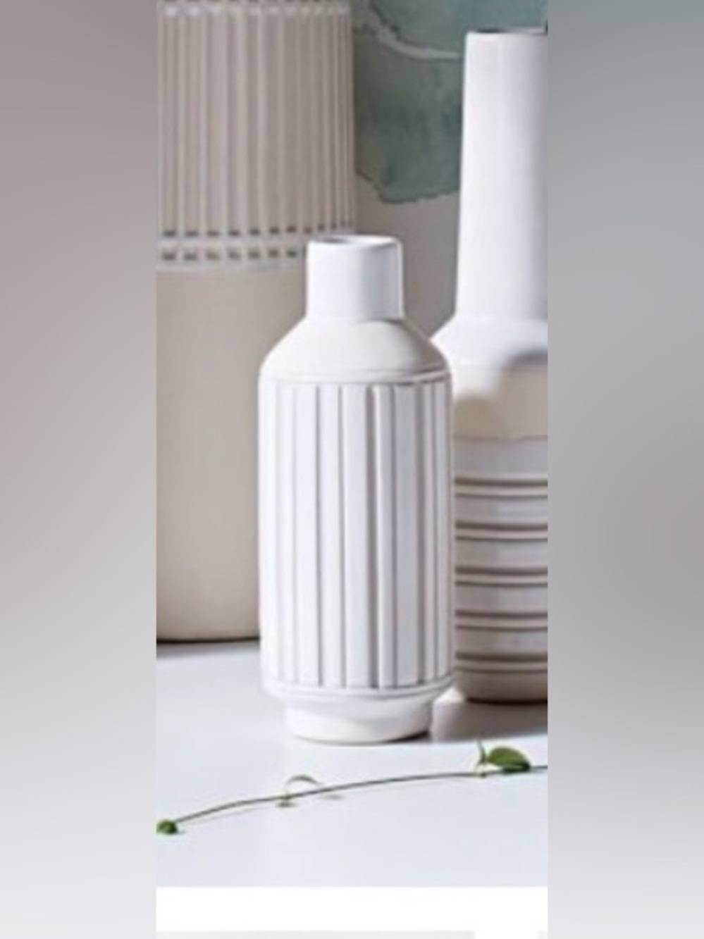 West Elm Art Pottery Vase 9” | Ribbed Ceramic | White/Gray | Home Decor